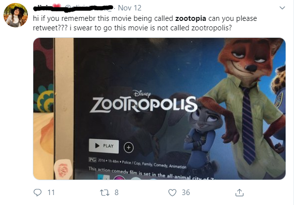 Twitter post: 'hi if you remember this movie being called zootopia can you please retweet??? i swear to god this movie is not called zootropolis?'