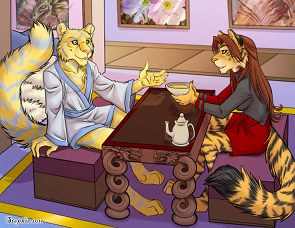 Captain Zhane and Ranezath drink tea; art by Stephanie Stone (Cybercat)