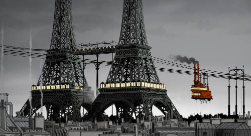 A cablecar travels by the twin Eiffel Towers.