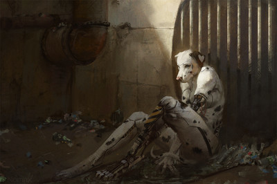 A damaged, anthropomorphic and cybernetic dalmatian languishes alone, sitting against a sewer grate.