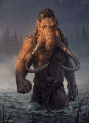 Crossing, artwork from 2017 depicting a mammoth by Caraid and Nomax.