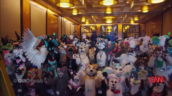 A large group of fursuiters at Anthro Northwest 2017.