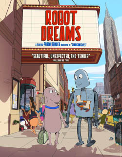 Movie poster, Dog and Robot walk hand in hand down a New York City street.