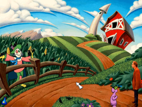 A cartoon field filled with maize and a carecrow... I mean, scarecrow, with a farmhouse and blue sky in the background