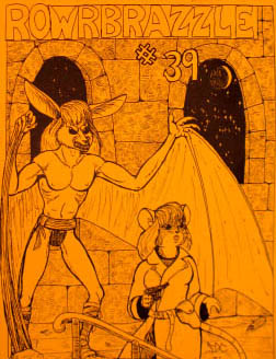 One of the covers from Rowrbrazzle number 39, which was so thick it was split up into four parts. An APA from 1993. This cover shows a bat sneaking up on a mouse who is holding a gun.