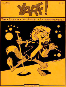 The cover of Yarf number 9, a zine from 1990, showing a cartoony furry singing on a stage into a microphone.