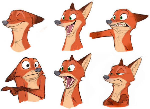 Sketches of Nick the fox showing several facial expressions.
