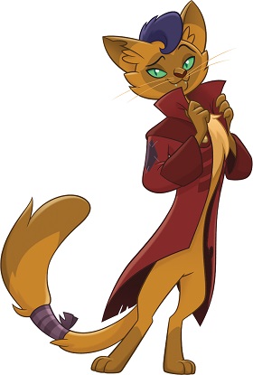 Capper, an anthro-cat with orange fur, green eyes and wearing a red coat.