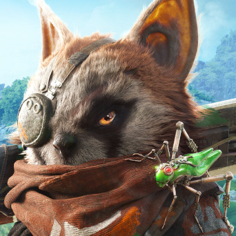 'Biomutant' headshot with mechanical grasshopper on shoulder