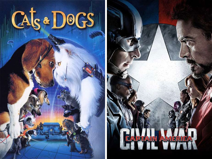 Promotional posters for Cats & Dogs and Captain America: Civil War.