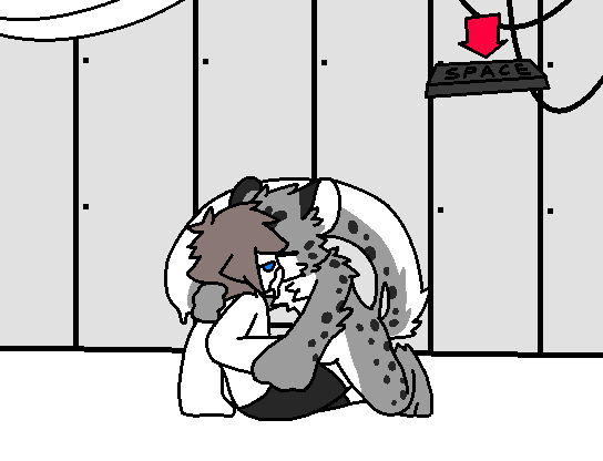 A latex leopard kissing the player character.