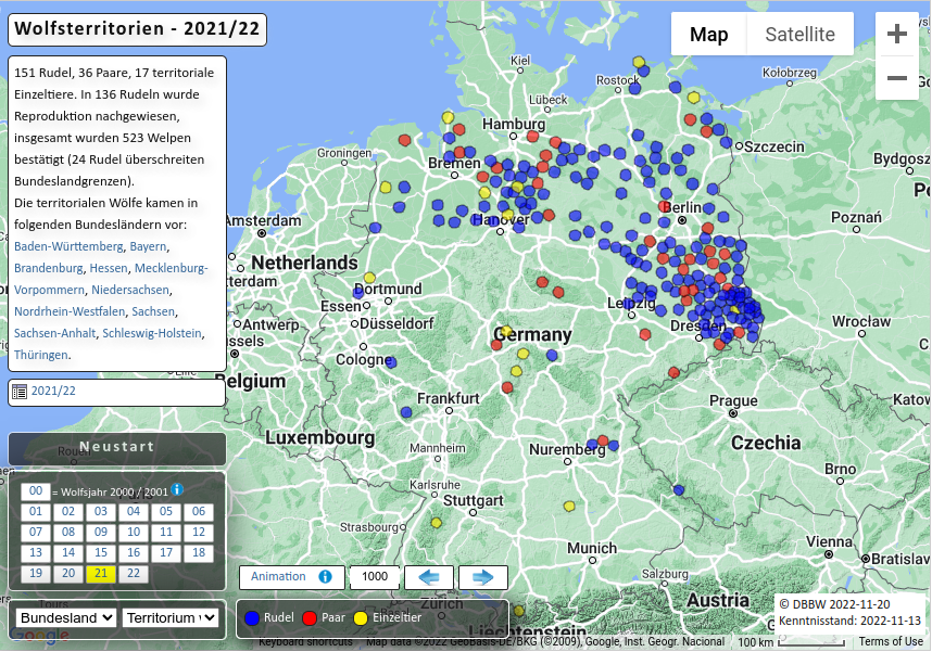 Wolf territories in Germany in 2021/2022.