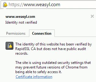Weasyl outdated security in Google Chrome