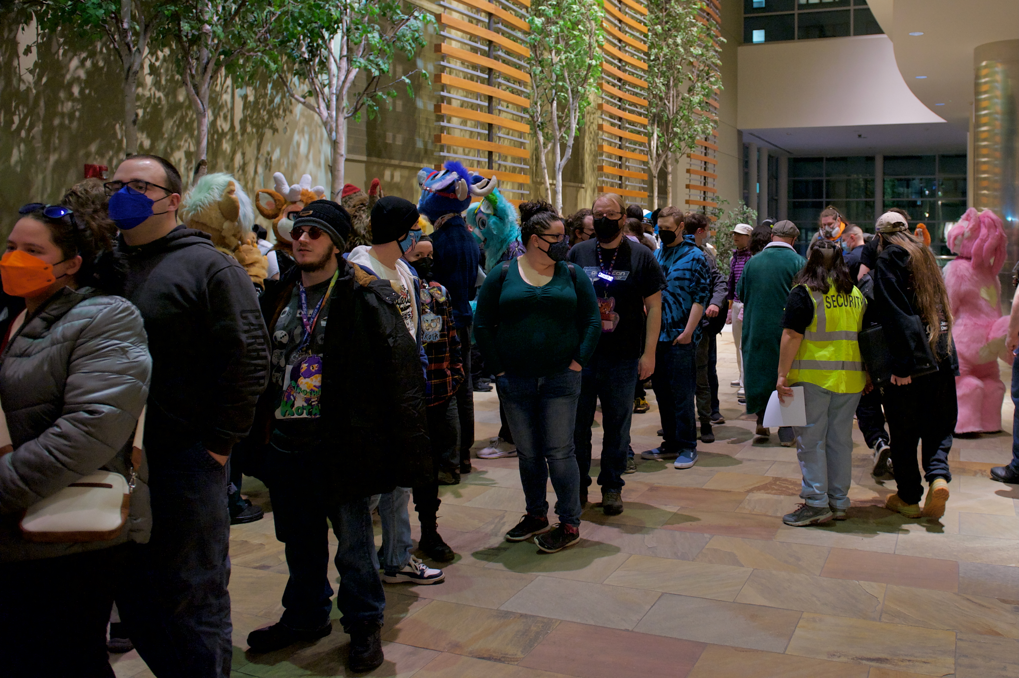 People line up in the main lobby of the Anthro New England venue.