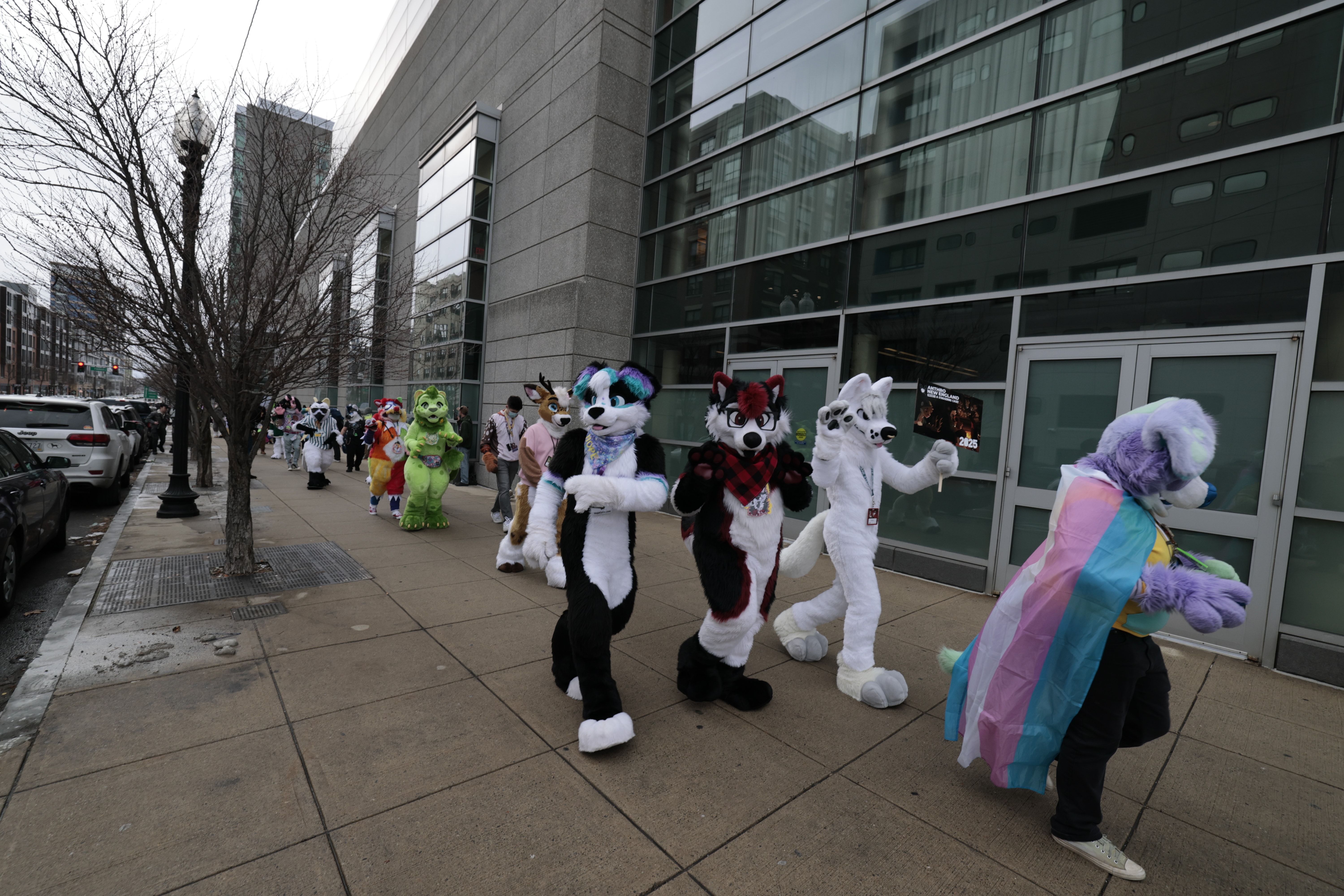 Fursuiters walk on the sidewalk abutting the hotel, on the southeast side.