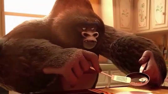 Owen as a gorilla, attempting to serve breakfast.