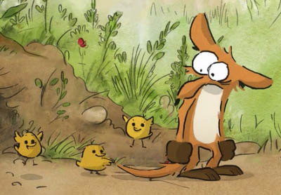 The fox discovers the joys of parenting, as the baby chickens use his tail to play jump rope.