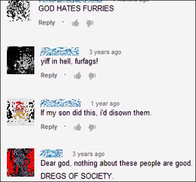 A screen shot of YouTube comments from furry haters.