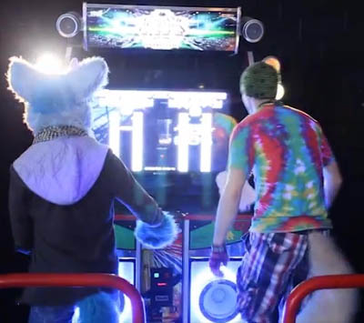 Two furries play Dance Dance Revolution.