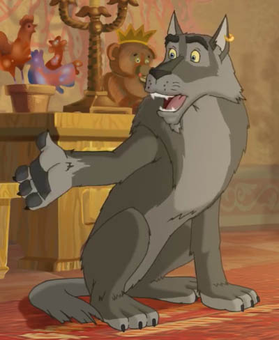 Gray the wolf sits on his haunches while offering the king advice.