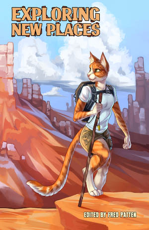 A feline hiker explores a rocky landscape similar to the Grand Canyon.