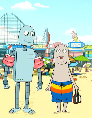Dog and Robot on a beach.
