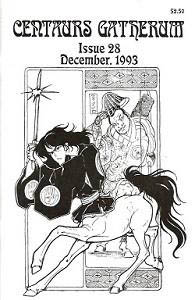 The cover of Centaurs Gatherum number 28, a zine from 1993, showing a Japanese-style samurai centaur wielding a sword.